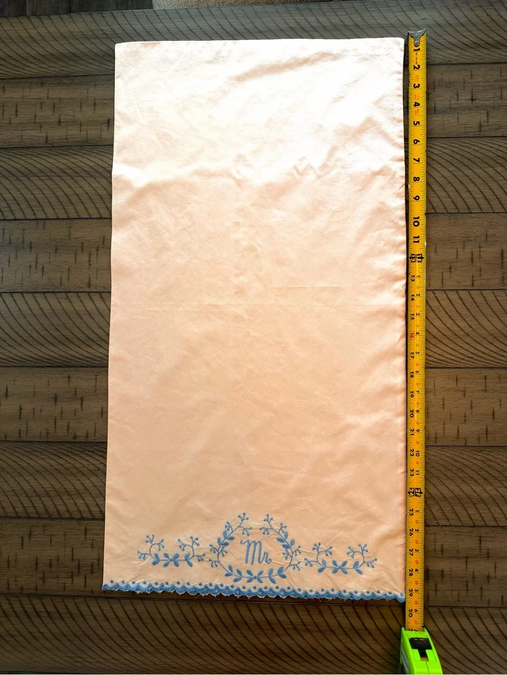 Vintage 1950’s Hand Embroidered Mr. & Mrs. Peach pillow Cases with Blue Trim